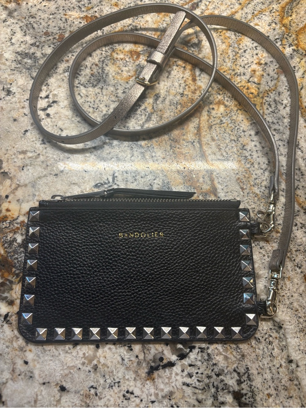 Bandolier Sarah Black pebbled Leather Studded Crossbody Metallic Strap studded